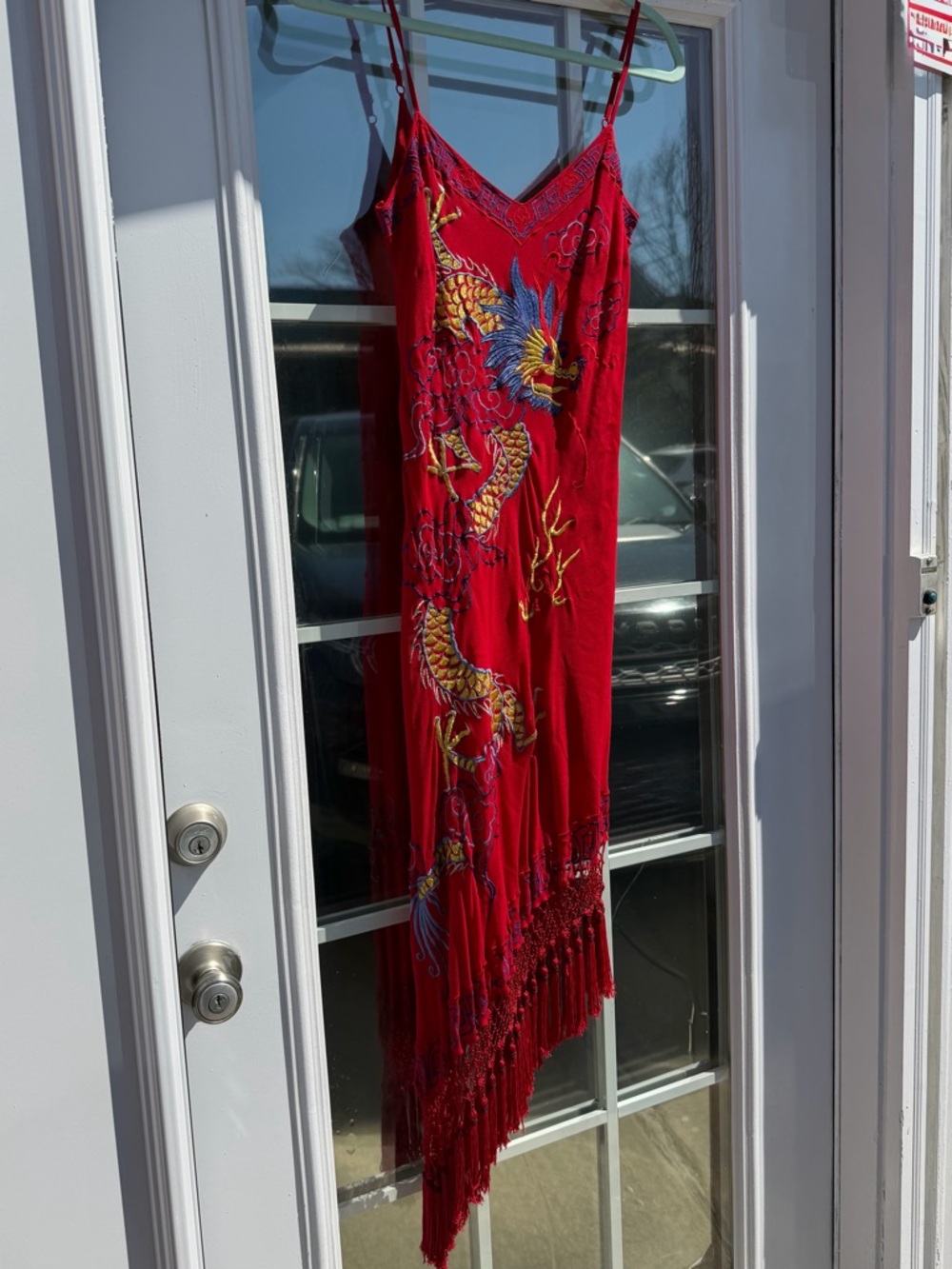 Vintage Sue Wong 100% silk Embroidered Dragon Red Dress with tassels